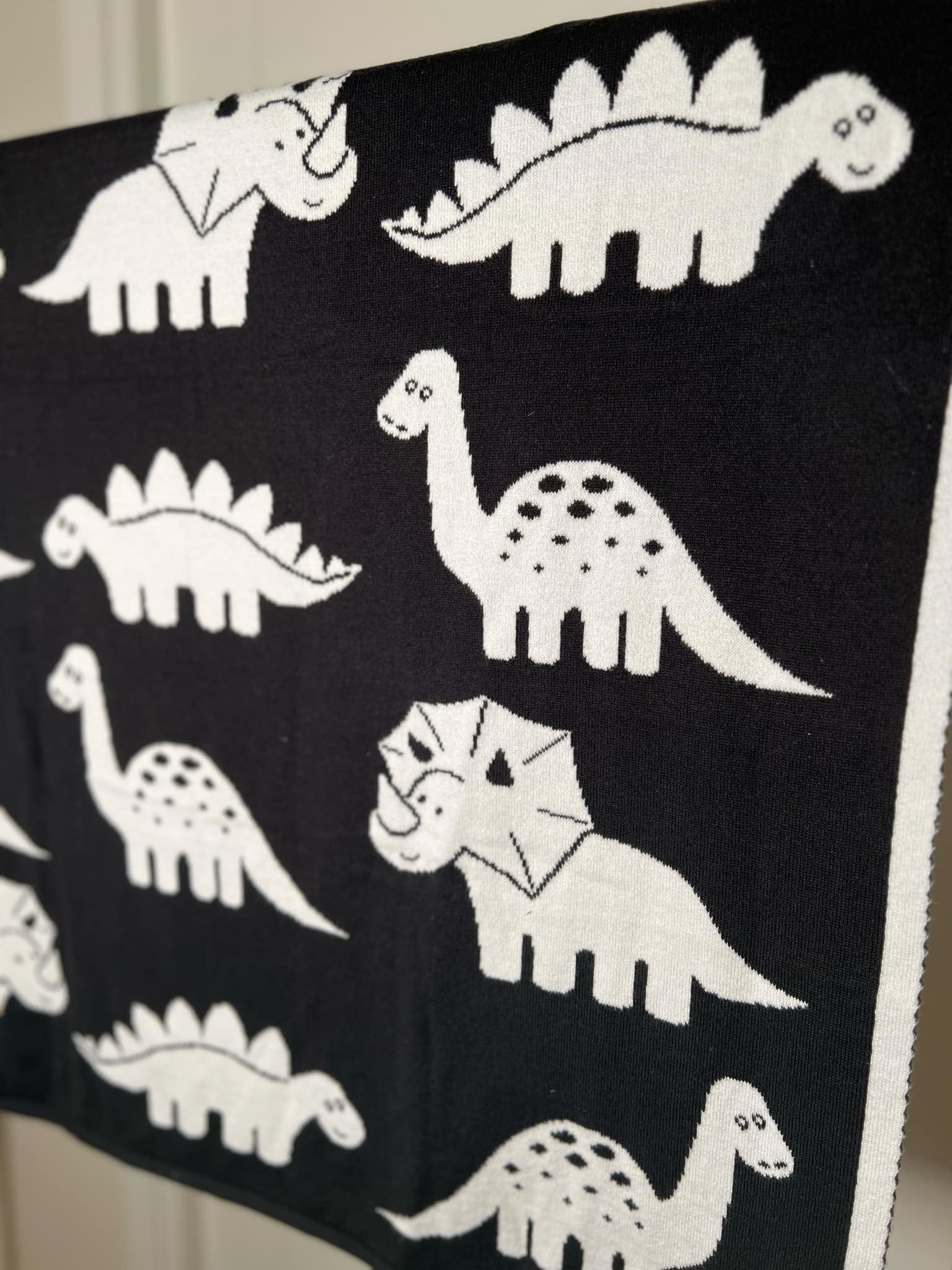 filt med dinosaurier i svart och vitt